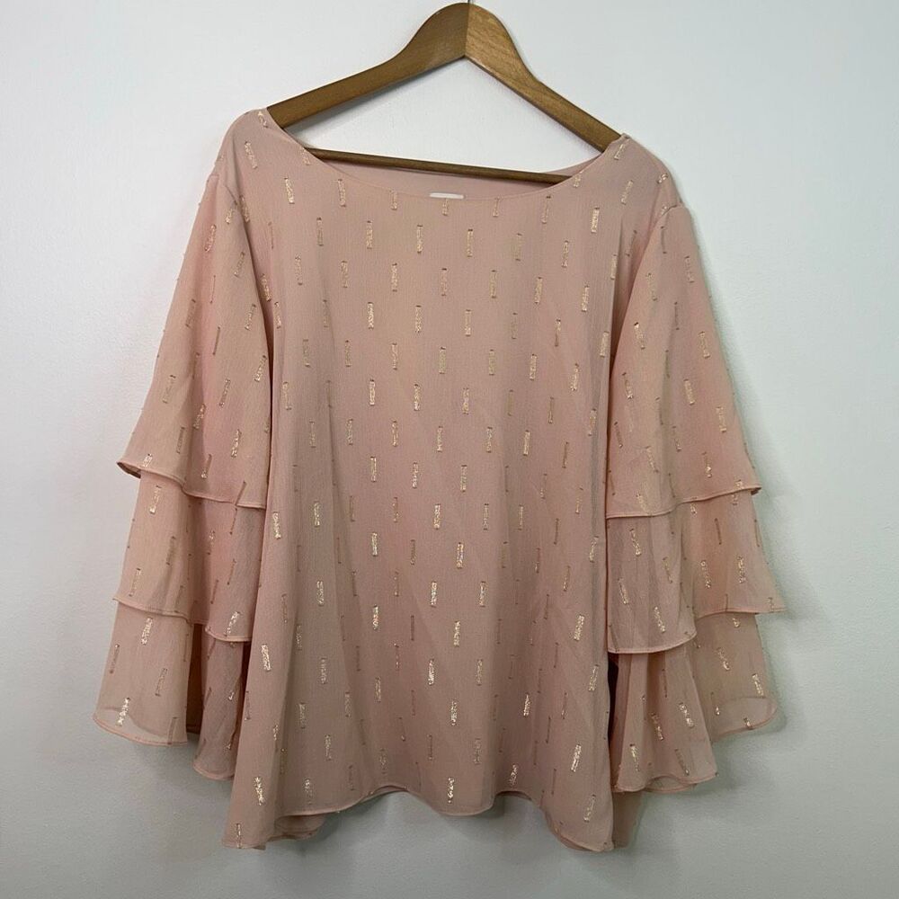 Chico’s Pink Shimmer Bell Sleeve Blouse Womens 4 (XXL) Metallic Boho Evening Top